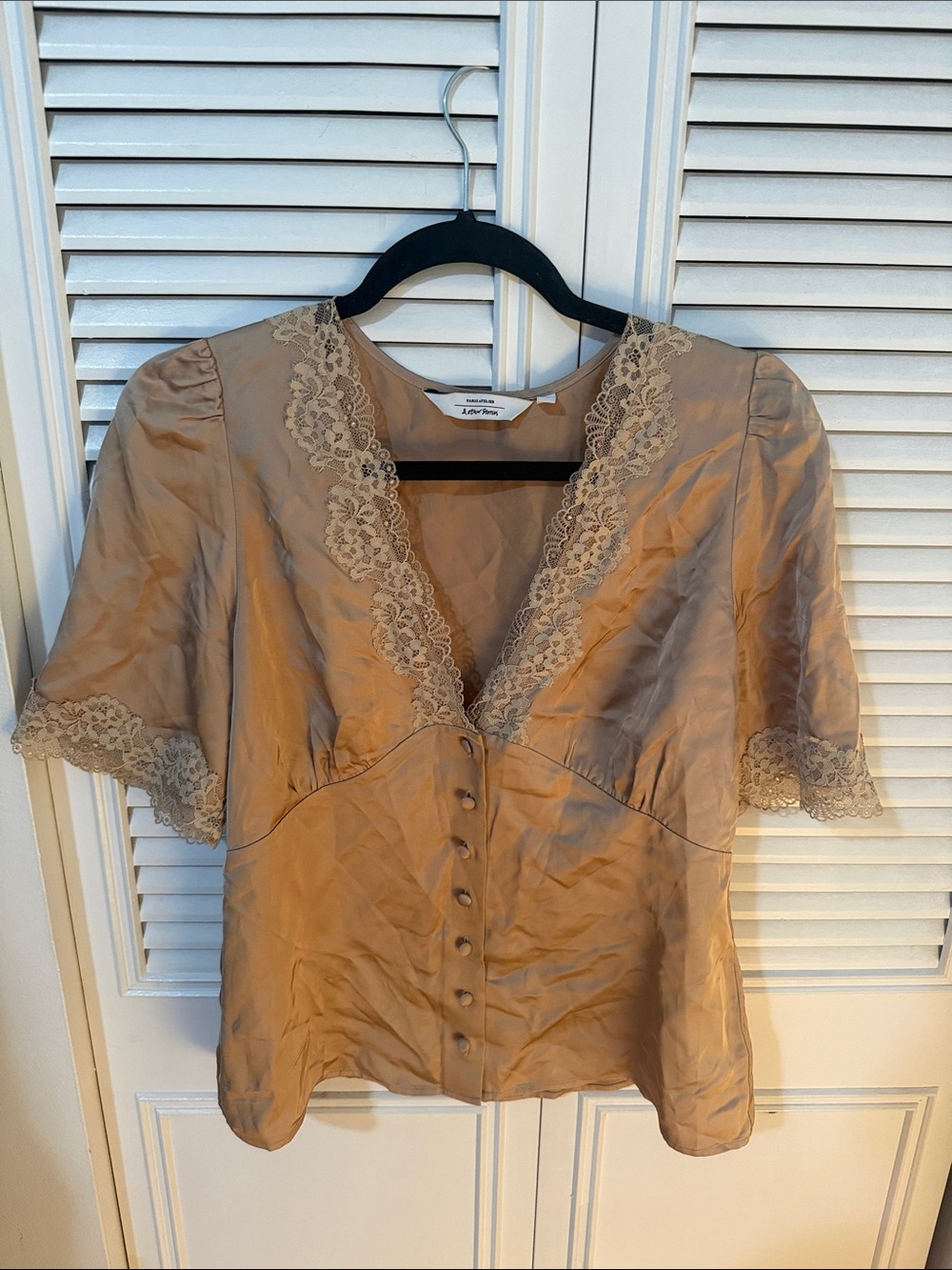 &Other Stories Silk Lace Trim Taupe Button-Front Blouse (Never Been Worn)